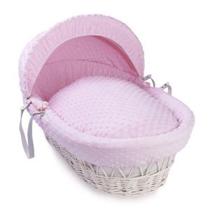 CLAIR DE LUNE Wicker Moses Basket White with Pink Dimple Drapes